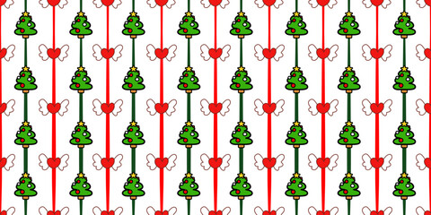 Red hearts and Christmas seamless pattern with leaves and berries for holiday. Festive background, wrapping paper, banner.