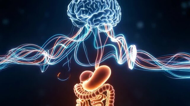 Dynamic neural pathways connect vibrant brain to glowing digestive system, showcasing mind-body connection.