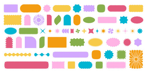 Collection of colorful sun and arch, rectangle and square, oval and circle shapes with scallop edges. Cute forms with curvy borders. Empty boxes, stickers, tags or labels. Vector flat illustration.