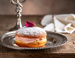 Delicious powdered sugar donut filled with pink cream and adorned with a rosebud on a silver plate