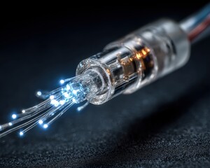 Close-up of Fiber Optic Cable with Illuminated Light Fibers