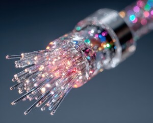 Colorful Fiber Optic Cable with Bright Bokeh Effect in Dark Background