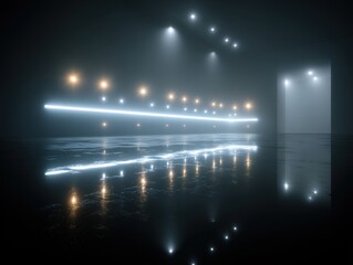 Futuristic Ambient Space with Neon Lights and Reflections in Fog
