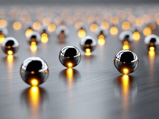 Reflective silver spheres with glowing orange lights on a surface