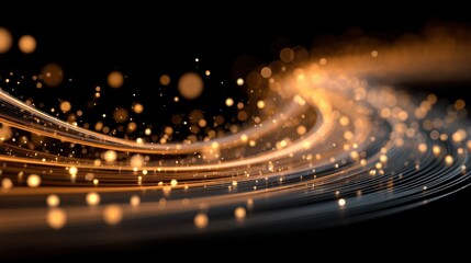 Abstract golden particles swirl with soft light on black background