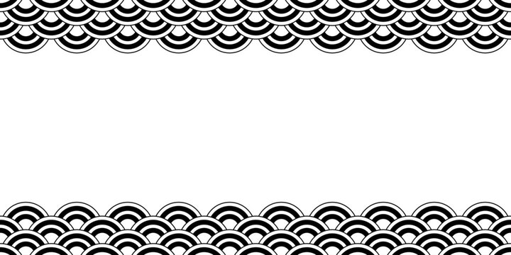 Top and bottom borders with traditional Japanese seigaiha pattern and space for text. Black and white sea or ocean waves print. Fish squama or dragon scale. Vector graphic illustration.
