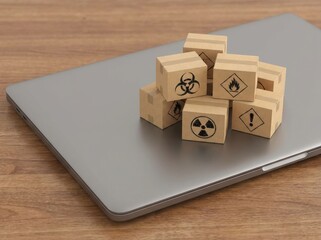 Hazardous Materials Warning Symbols on Wooden Blocks Stacked on a Laptop.