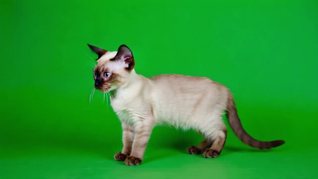 Siamese cat standing on a green background looking forward with blue eyes and dark brown ears green screen cat video