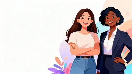 A vibrant, modern Women's Day background featuring an illustration of two diverse women standing together, smiling confidently. Women Day, International Women Day, Happy Women Day