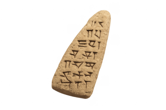Cuneiform tablet with ancient writing on transparent background