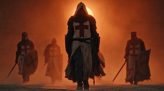 Knights templar walking toward sunset in dusty battle gear