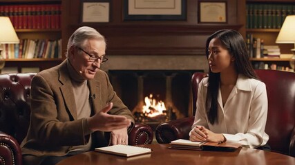 Two people having a conversation in a library with a fireplace.