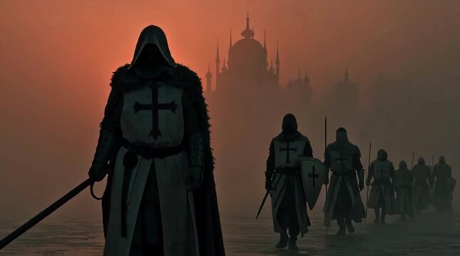 Knights Templar Marching Through Fog Towards a Mysterious City
