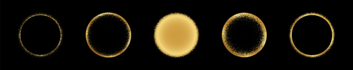 Set of luxury golden rings with gritty texture. Gold round shapes with scatter or mezzotint effect borders isolated on black background. Solar eclipse design elements. Vector illustration.