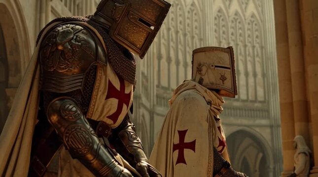 Knights Templar Kneeling in Prayer Inside a Majestic Cathedral