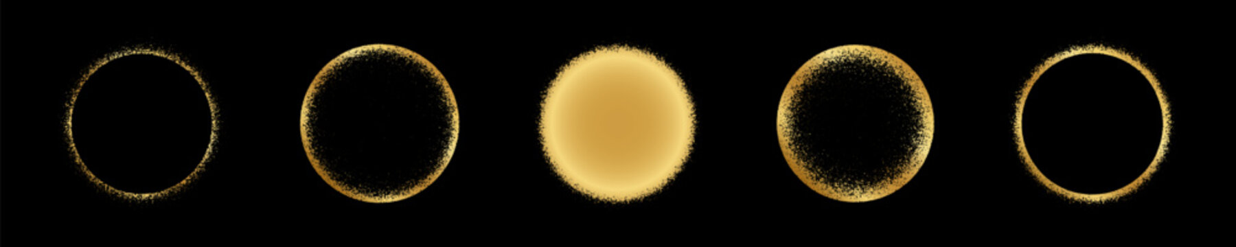 Set of luxury golden rings with gritty texture. Gold round shapes with scatter or mezzotint effect borders isolated on black background. Solar eclipse design elements. Vector illustration.