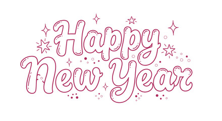 Happy New Year text with stars and sparkles in pink outline on white background.