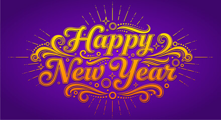 Vibrant 'Happy New Year' greeting with ornate golden lettering and festive flourishes on a purple background.