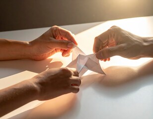 Close-up of hands folding origami, collaborative crafting a paper star in warm afternoon light