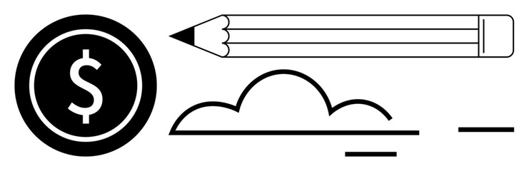 Pencil, dollar coin, and simplified cloud symbolize creative thinking, finance, and innovation. Ideal for business, design, education finance creativity minimalism modern concepts. Simple flat