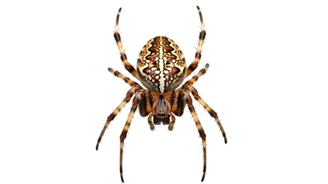 Detailed close-up of a garden orb weaver spider, with intricate patterns on its abdomen, cutout, PNG isolated on white or transparent background