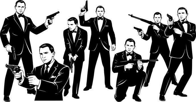Silhouettes of Elegant Men in Suits with Guns – Bow Tie and Weapon Pose – Bond-Inspired Vector Illustration on White Background for Spy or Action Themes