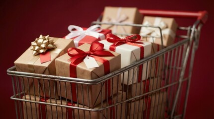 Shopping Cart Full of Beautifully Wrapped Gifts on a Red Background.