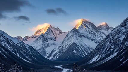 Majestic mountain range at sunrise with snow-capped peaks and valley.