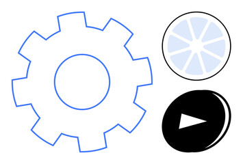 Blue outlined gear, black play button, and sliced circle. Ideal for technology, productivity, innovation, creativity, process improvement teamwork and workflow concepts. Simple flat metaphor
