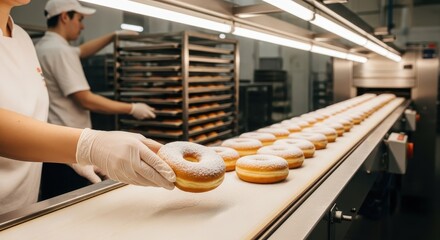 Bakery worker placing fresh donuts on a conveyor belt