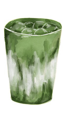 Watercolor Painting of Iced Matcha Green Tea Latte in Glass
