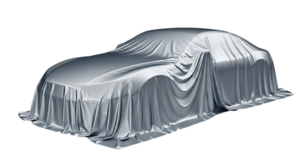 silver car, covered with draped fabric, cutout, PNG isolated on white or transparent background