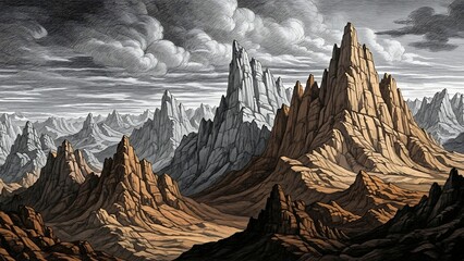 Dramatic Mountain Landscape with Towering Peaks and Moody Sky.