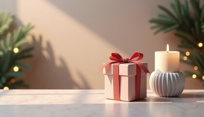 Gift-wrapped package with rope on white background next to candle  