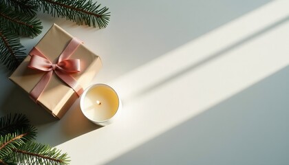 Gift box with ribbon and candle on surface with natural lighting -  
