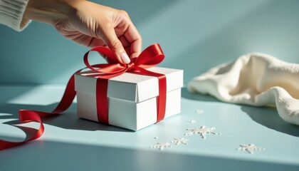 Hand untying red ribbon on white gift box with cozy background  