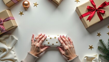 Woman wrapping gift with gold stars surrounded by holiday decorations  