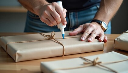 Man decorating wrapped gifts with blue marker on wooden table  