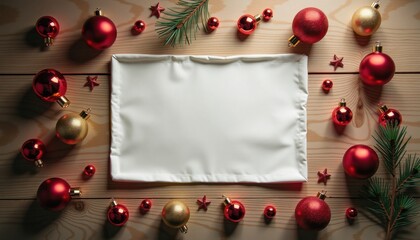 Blank white canvas surrounded by red and gold Christmas ornaments  