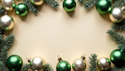 Christmas ornaments and pine branches on beige background  