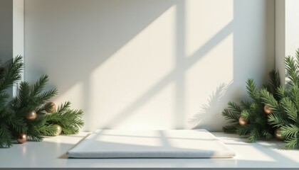 Minimalist workspace with festive decor and natural light  