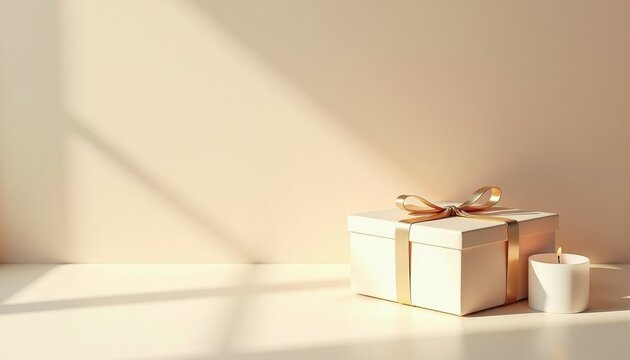 Gift box with red ribbon and candle on table in festive setting  