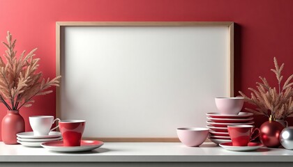 Decorative kitchen shelf with red and pink tableware and vase  