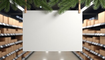 Blank sign hanging between pine branches in modern store environment  