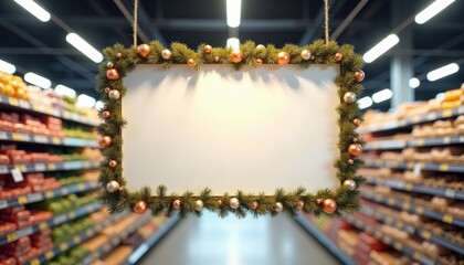 Empty sign adorned with holiday decorations in supermarket aisle  