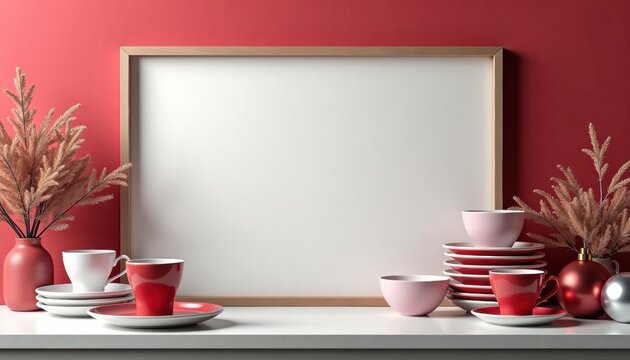 Decorative kitchen shelf with red and pink tableware and vase   - Powered by Adobe