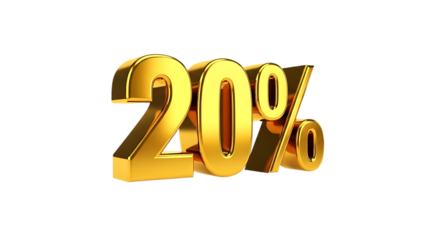 Shiny Golden 3 D Twenty Percent Symbol, cutout, PNG isolated on white or transparent background