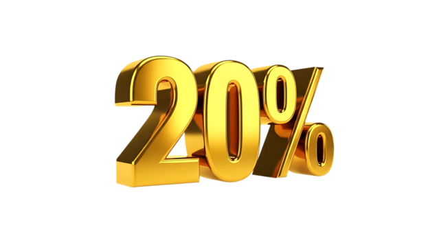 Shiny Golden 3 D Twenty Percent Symbol, cutout, PNG isolated on white or transparent background