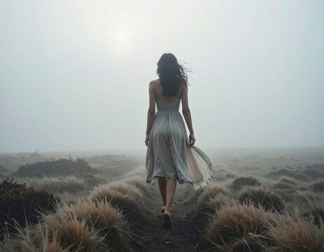 Solitary woman walking through a misty, ethereal landscape, embracing the unknown path ahead