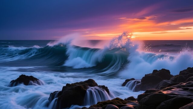 Dramatic ocean waves crashing against rocky shore during a vibrant sunset